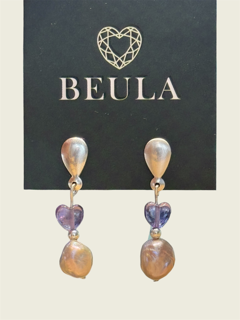 Aretes en plata con perla y amatista corazón
