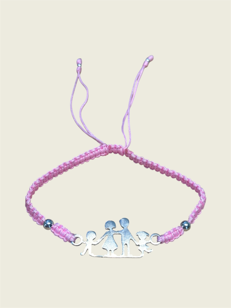 [A0136 PL] Manilla tejida color rosa con dije de plata Familia